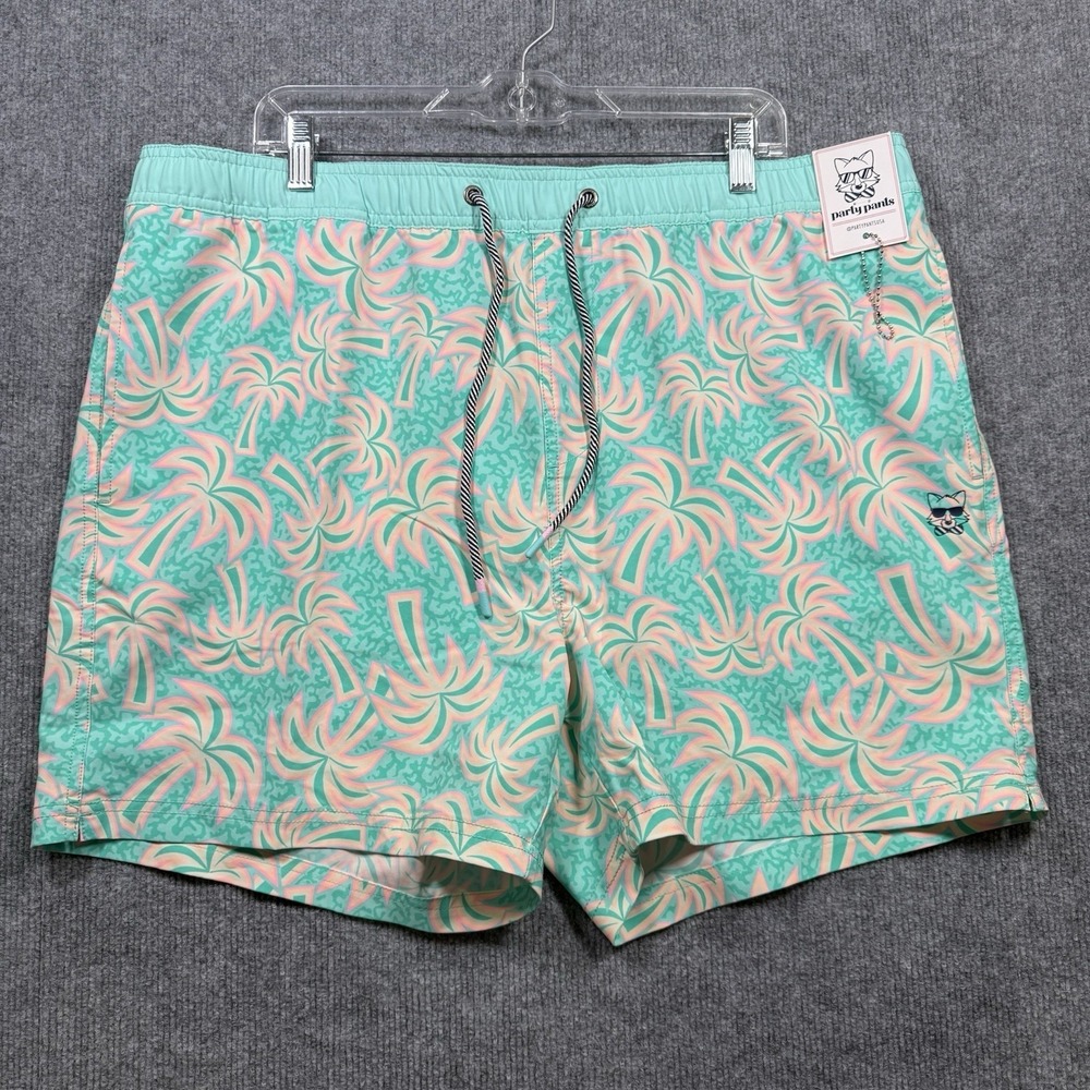 Party Pants Palm Vibes Party Str Shorts Mint XXL Tropical Swim Trunks NWT